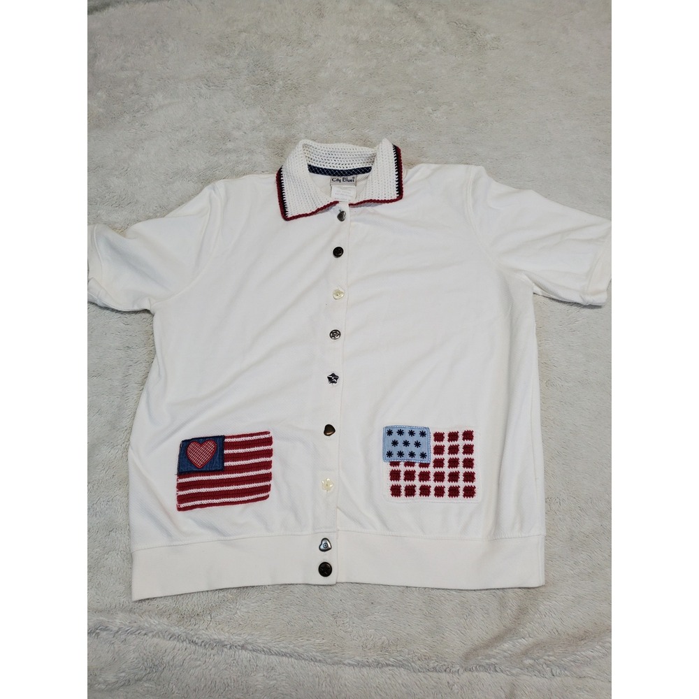Vintage Koret White Red American Patriotic Crochet Top Blouse Medium Retro Art
